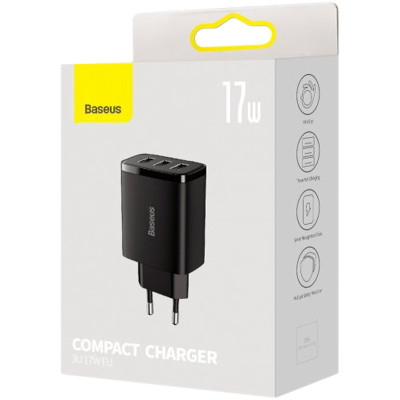 Сетевое зарядное устройство 3USB Baseus Compact Charger 17W (CCXJ020101) (Black/ Черный)