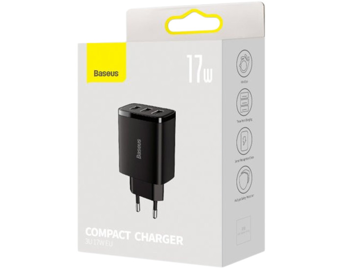 Мережеве зарядний пристрій 3USB Baseus Compact Charger 17W (CCXJ020101) (Black/ Чорний)