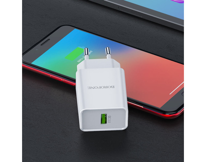 Мережеве зарядний пристрій Borofone BN5 Sunlight (QC3.0/1USB) з кабелем Micro Білий