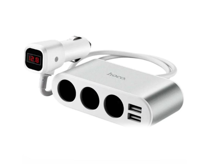 Автомобільний розгалужувач Hoco Z13 LCD + 2USB (Silve/White)