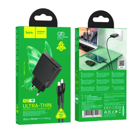 Сетевое зарядное устройство Hoco N37 Delgado Dual Port (PD20W) charger set (Typ-C to iPone) Черный