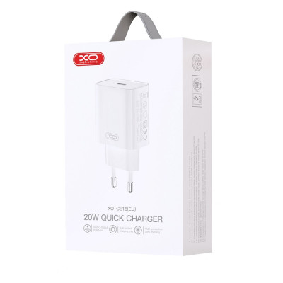 Мережеве зарядний пристрій XO CE15 (EU) PD20W USB-C Fast Charging Charger with Lightning Cable White