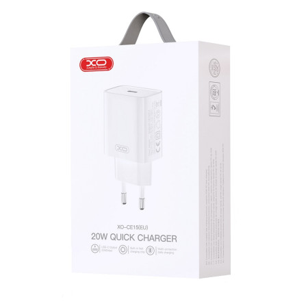 Сетевое зарядное устройство XO CE15 (EU) PD20W USB-C Fast Charging Charger with Lightning Cable White