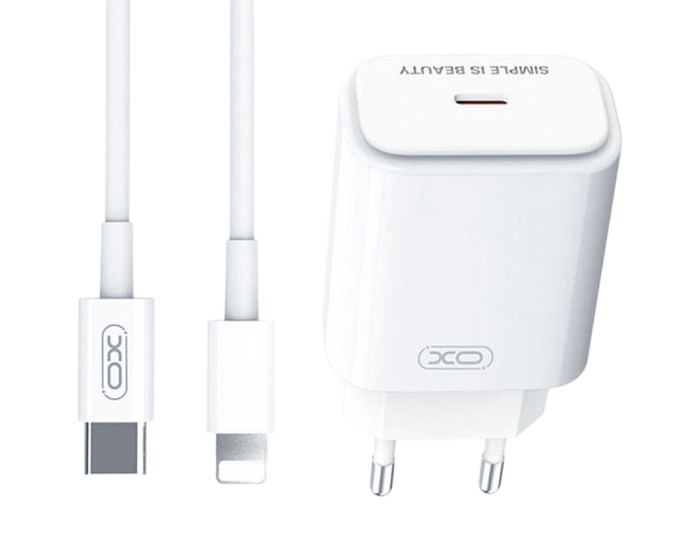 Мережеве зарядний пристрій XO L90B (1Type-C 20W) + Cable Type-C to Lightning, White