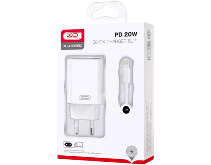 Мережеве зарядний пристрій XO L90B (1Type-C 20W) + Cable Type-C to Lightning, White