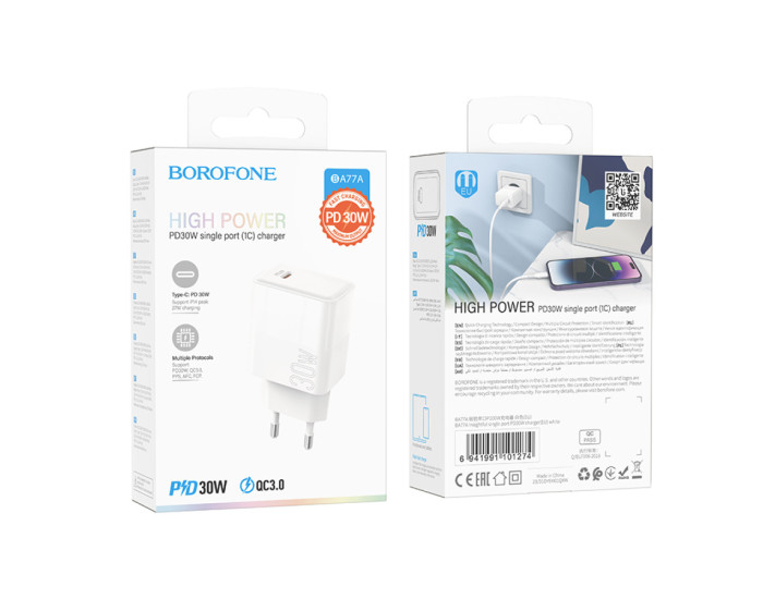 Мережеве зарядний пристрій Borofone BA77A (PD30W) (QC3.0 / 1USB-C) Білий