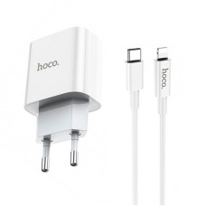 Сетевое зарядное устройство 1Type-C Hoco (C76A) (PD 20W) с кабелем Type-C to Lightning (Белый / White)