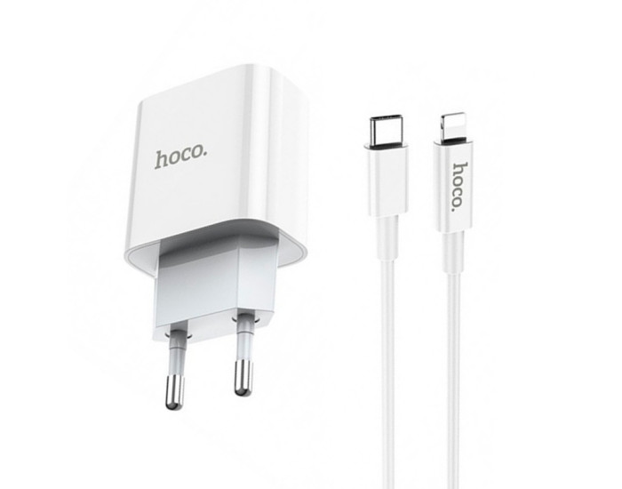 Мережеве зарядний пристрій 1Type-C Hoco (C76A) (PD 20W) з кабелем Type-C to Lightning (Білий / White)