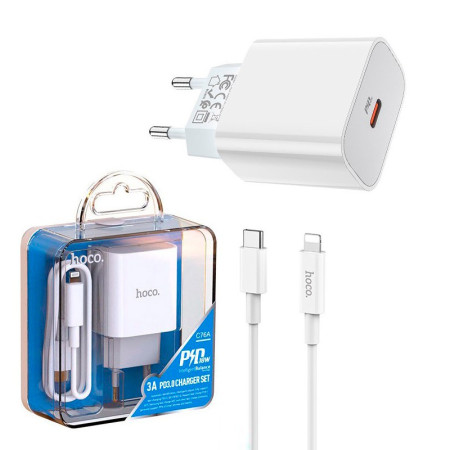 Сетевое зарядное устройство 1Type-C Hoco (C76A) (PD 20W) с кабелем Type-C to Lightning (Белый / White)