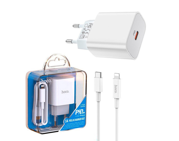 Мережеве зарядний пристрій 1Type-C Hoco (C76A) (PD 20W) з кабелем Type-C to Lightning (Білий / White)