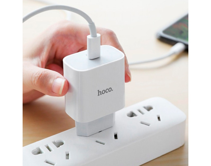 Мережеве зарядний пристрій 1Type-C Hoco (C76A) (PD 20W) з кабелем Type-C to Lightning (Білий / White)