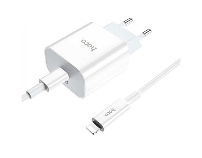 Мережеве зарядний пристрій 1Type-C Hoco (C76A) (PD 20W) з кабелем Type-C to Lightning (Білий / White)