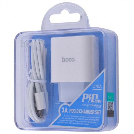 Сетевое зарядное устройство 1Type-C Hoco (C76A) (PD 20W) с кабелем Type-C to Lightning (Белый / White)