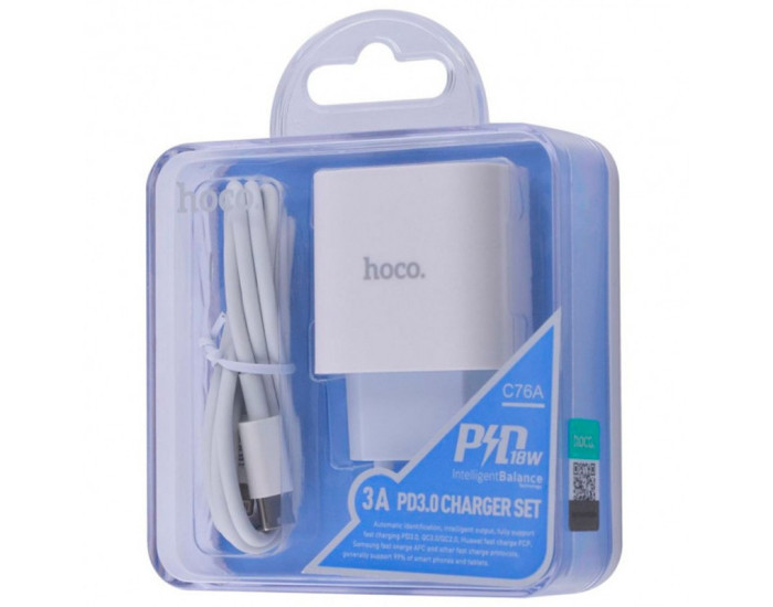 Мережеве зарядний пристрій 1Type-C Hoco (C76A) (PD 20W) з кабелем Type-C to Lightning (Білий / White)