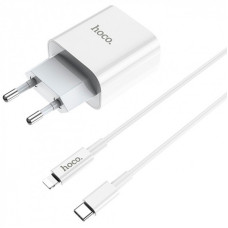 Мережеве зарядний пристрій 1Type-C Hoco (C76A) (PD 20W) з кабелем Type-C to Lightning (Білий / White)