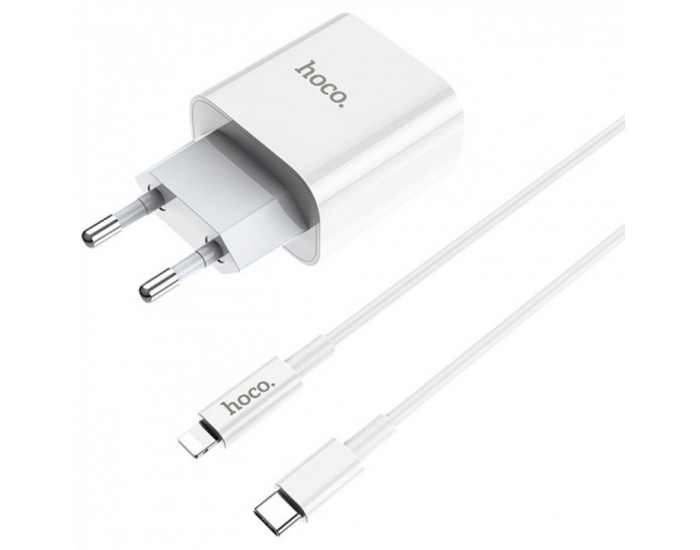 Мережеве зарядний пристрій 1Type-C Hoco (C76A) (PD 20W) з кабелем Type-C to Lightning (Білий / White)