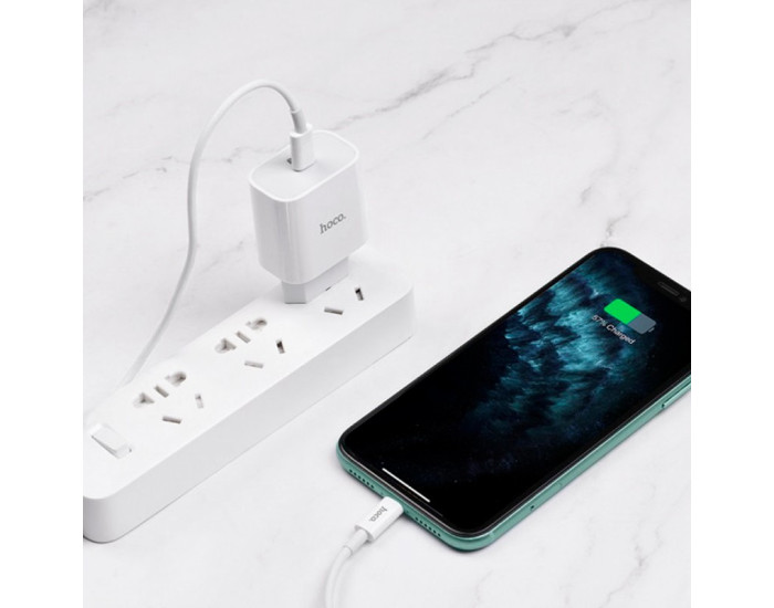 Мережеве зарядний пристрій 1Type-C Hoco (C76A) (PD 20W) з кабелем Type-C to Lightning (Білий / White)
