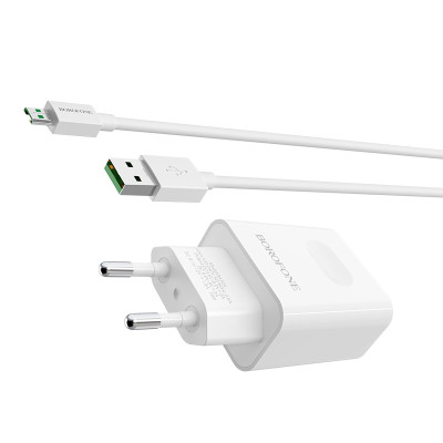 Мережеве зарядний пристрій Borofone BA32A Bright (QC3.0 1USB/3A) з кабелем Micro White