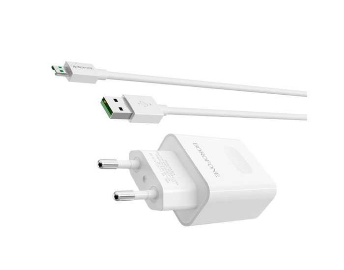 Мережеве зарядний пристрій Borofone BA32A Bright (QC3.0 1USB/3A) з кабелем Micro White