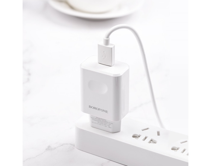 Мережеве зарядний пристрій Borofone BA32A Bright (QC3.0 1USB/3A) з кабелем Micro White
