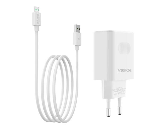Мережеве зарядний пристрій Borofone BA32A Bright (QC3.0 1USB/3A) з кабелем Micro White