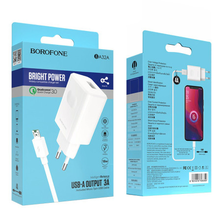 Сетевое зарядное устройство Borofone BA32A Bright (QC3.0 1USB/3A) с кабелем Micro White