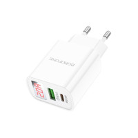 Сетевое зарядное устройство Borofone BA78A Golden Grid (PD20W+QC3.0) with Digital Display (USB-A+USB-C) White