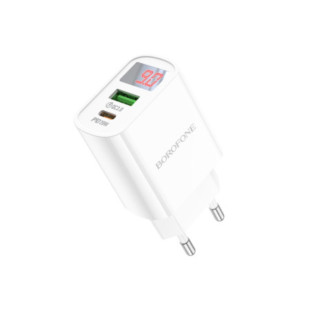 Сетевое зарядное устройство Borofone BA78A Golden Grid (PD20W+QC3.0) with Digital Display (USB-A+USB-C) White