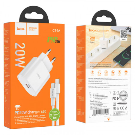 Сетевое зарядное устройство 1Type-C Hoco (C94A)(PD 20W) с кабелем (Type-C-to-USB-C) (Белый / White)
