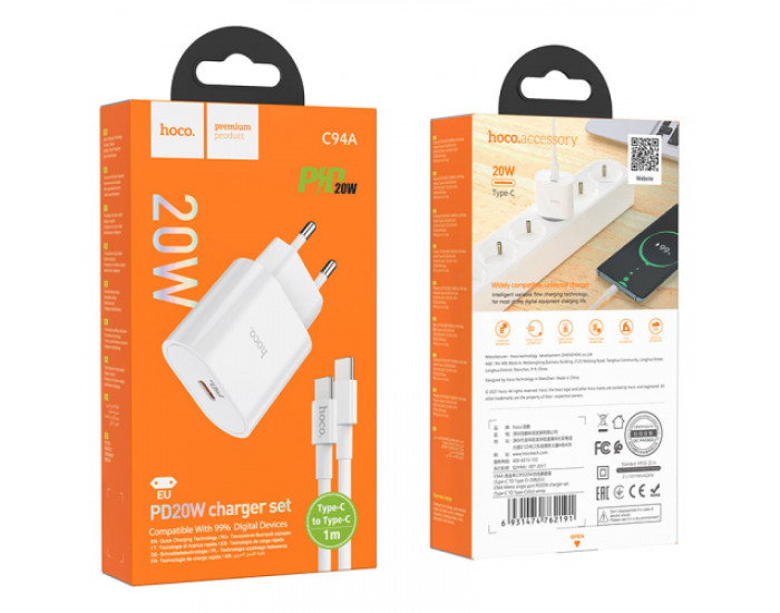 Мережеве зарядний пристрій 1Type-C Hoco (C94A)(PD 20W) з кабелем (Type-C-to-USB-C) (Білий / White)