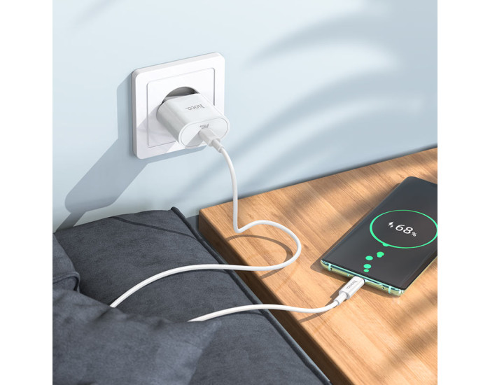 Мережеве зарядний пристрій 1Type-C Hoco (C94A)(PD 20W) з кабелем (Type-C-to-USB-C) (Білий / White)