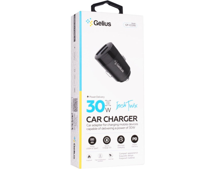 Автомобильное зарядное устройство Gelius Pro Inch Twix (GP-CC010 USB+Type-C QC/PD)(30 Watt) Black