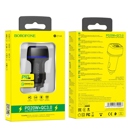 Автомобильное зарядное устройство Borofone (BZ14A) Mercury (PD20W+QC3.0 USB-A/USB-C/3A) Black