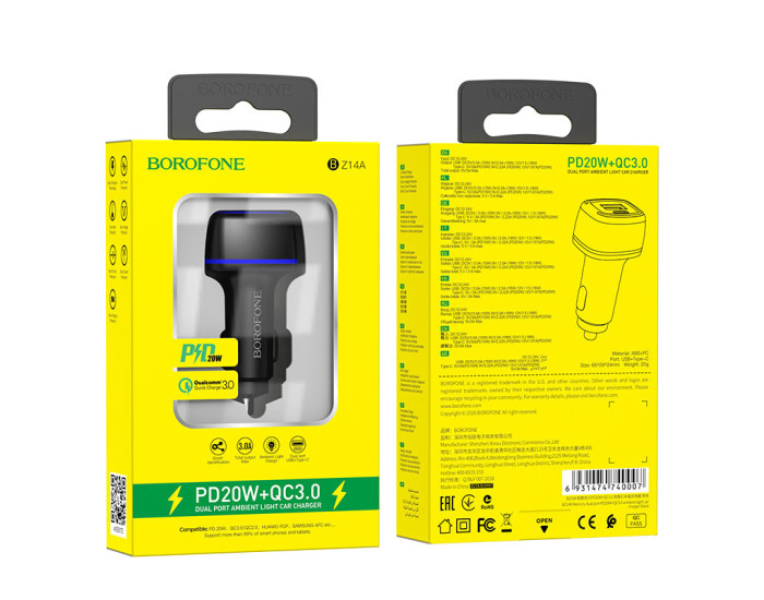 Автомобильное зарядное устройство Borofone (BZ14A) Mercury (PD20W+QC3.0 USB-A/USB-C/3A) Black