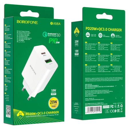Сетевое зарядное устройство Borofone BA56A Lavida (PD20W/QC3.0 /2USB) white