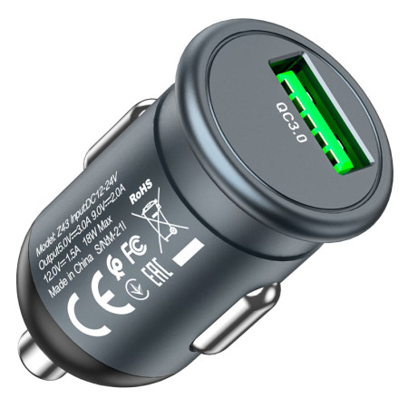 Автомобильное зарядное устройство Hoco Z43 Mighty Single Port Car Charger (1USB/18W/QC3.0) Metal Grey (Класс B)