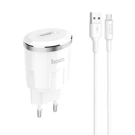Сетевое зарядное устройство Hoco C37A с кабелем Micro (1USB, 2.4A) (Белый / White)