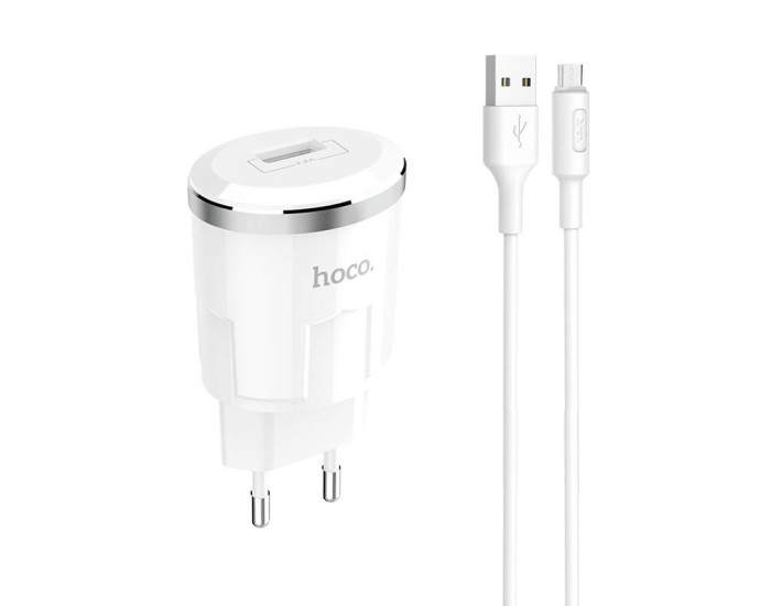 Мережеве зарядний пристрій Hoco C37A з кабелем Micro (1USB, 2.4A) (Білий / White)