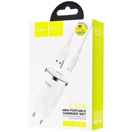 Сетевое зарядное устройство Hoco C37A с кабелем Micro (1USB, 2.4A) (Белый / White)