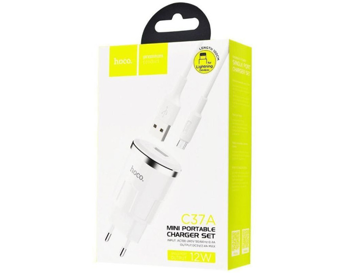 Мережеве зарядний пристрій Hoco C37A з кабелем Micro (1USB, 2.4A) (Білий / White)