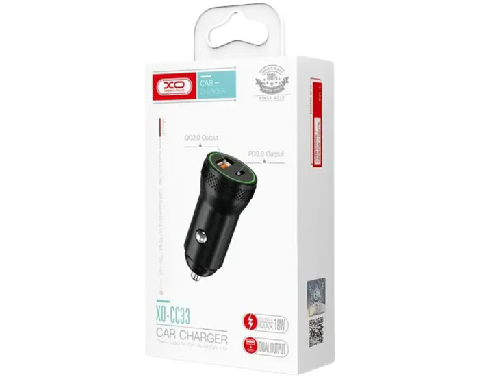 Автомобильное зарядное устройство XO CC33 (1USB + Type-C, QC3.0 18W) Black