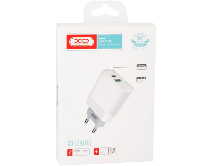 Мережеве зарядний пристрій XO L64 (1USB + 1Type-C) (QC3.0+PD) White