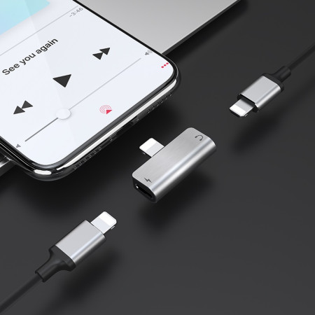 Переходник AUX Hoco LS24 Lightning to Lightning + Lightning, Silver