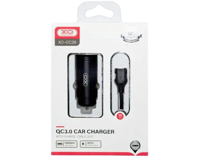 Автомобильное зарядное устройство XO CC39 (1USB, QC3.0, 18W) с кабелем Micro Black