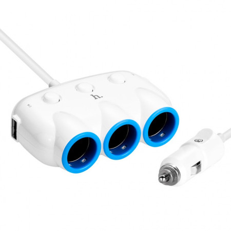 Автомобильный разветвитель HOCO C1 + 2USB, (Белый / White)