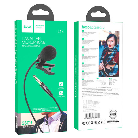 Микрофон Петличный Hoco L14 (3.5mm/2m) Black