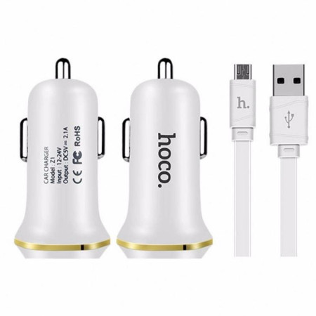 Автомобильное зарядное устройство Hoco Z1 с кабелем Micro (2USB, 2.1A) White