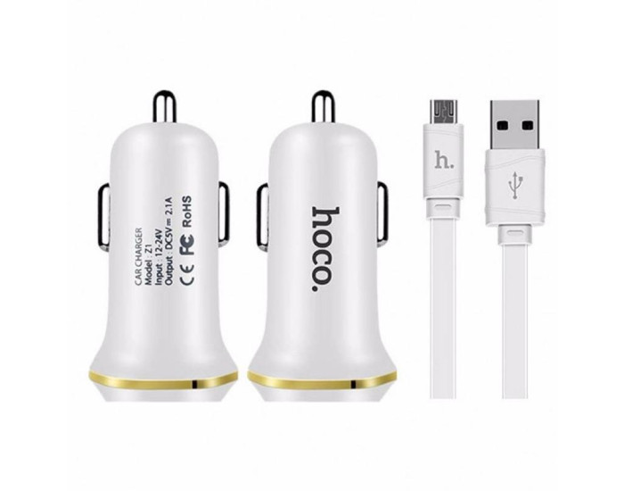 Автомобильное зарядное устройство Hoco Z1 с кабелем Micro (2USB, 2.1A) White