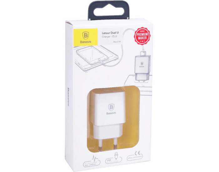 Мережеве зарядний пристрій Baseus Letour EU (1USB,2.1A) White
