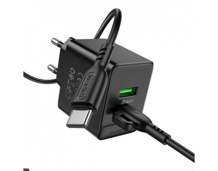 Мережеве зарядний пристрій Borofone BAS14A Erudite (PD20W+QC3.0) Type-C to Type-C чорний